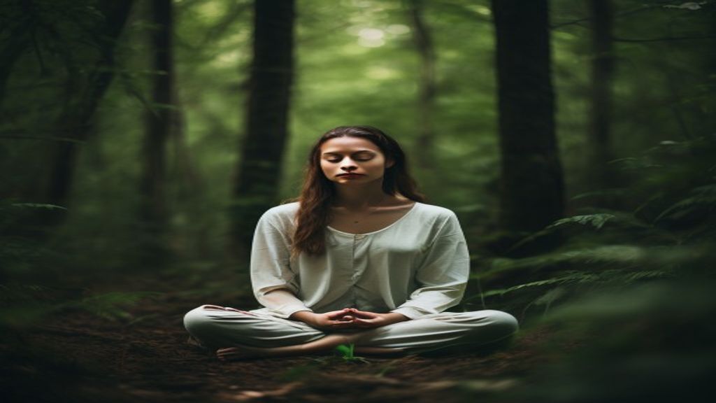 Peaceful meditation space with advanced practitioner in focus, deep forest green natural environment