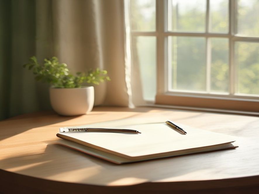Minimalist workspace with notebook and pen on a wooden desk, natural light from window