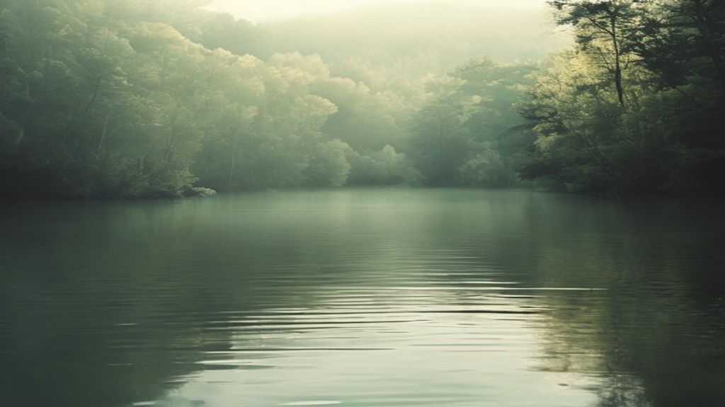 Serene nature scene with soft morning light filtering through trees, calm and focused atmosphere