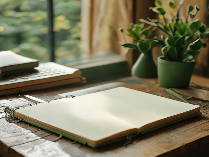 Planning notebook and journaling materials in a calm workspace environment