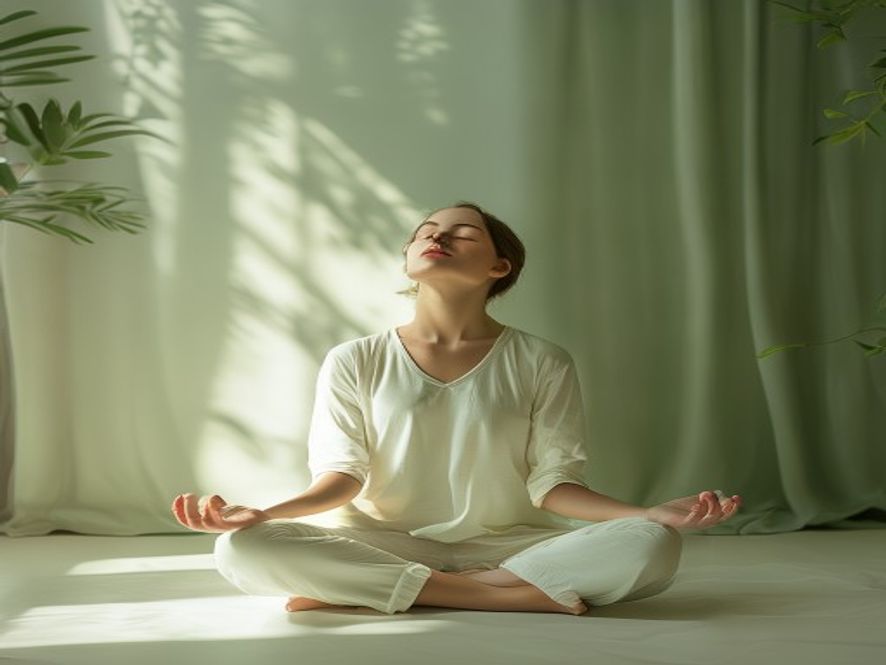 Instructor demonstrating proper breathing posture in a calm studio environment with soft lighting
